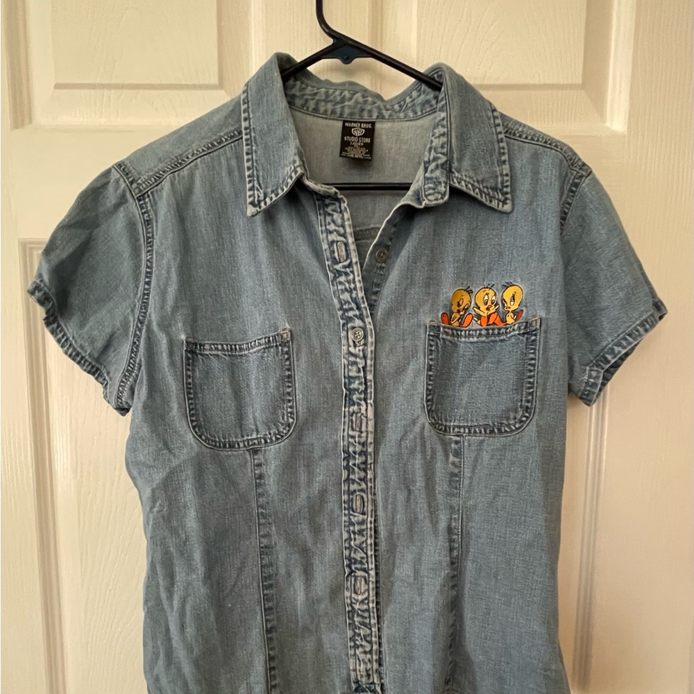 Warner Bros. Blue Denim Blouse with Cartoon Characters tweety